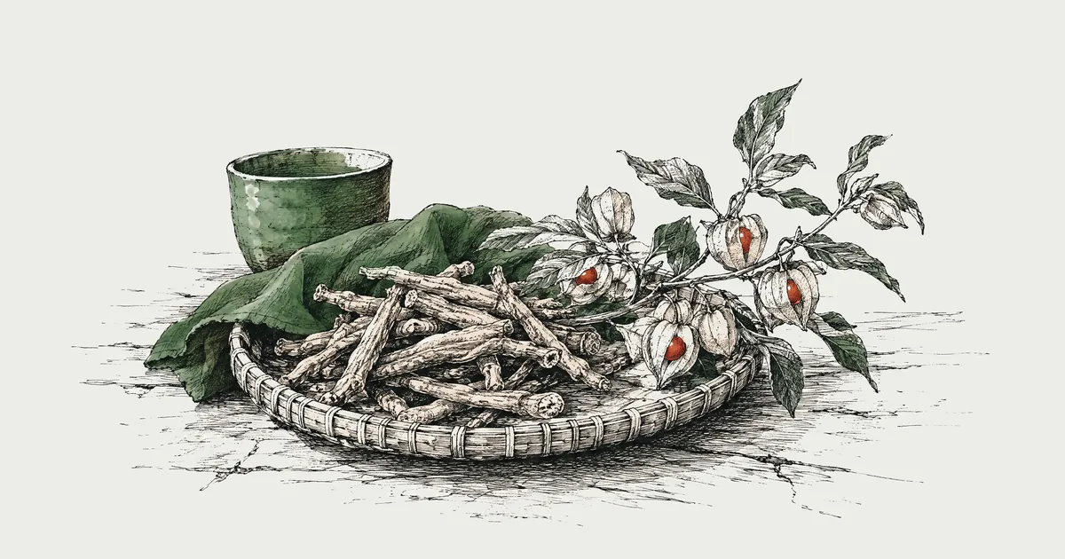 Szkic piórem: suszone korzenie ashwagandhy i gałązka z jagodami w papierowych osłonkach na wiklinowej tacy