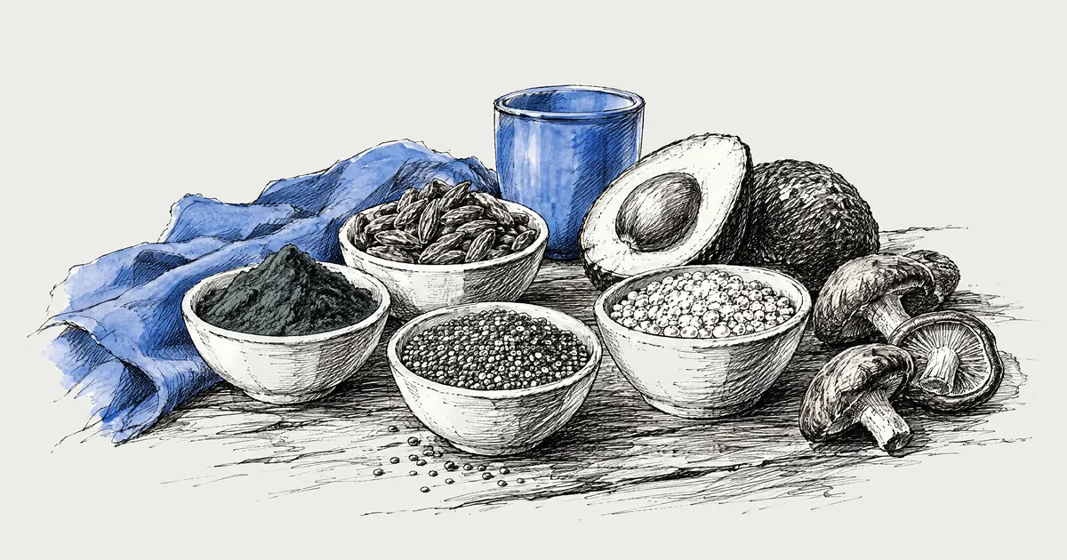 Szkic piórem: miseczki ze spiruliną, jagodami goji, nasionami chia i komosą ryżową obok awokado i grzybów shiitake